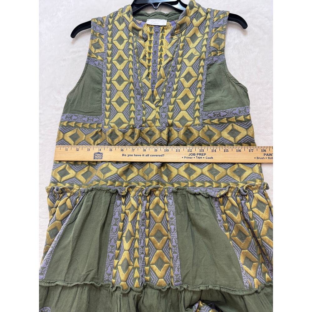 Lace The Label Embroidered Tiered Mini Dress Womens XS Green Gold Cotton Greece - Picture 8 of 13